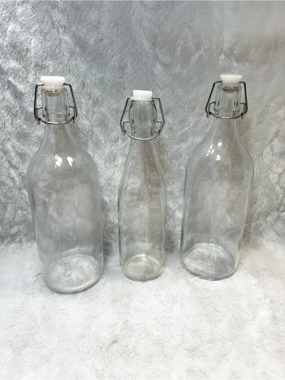 Set of 3 Clear Glass Decorative Swing-Top Bottles W/Wire Bail Closure Lids